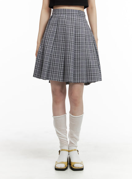 checkered-pleated-midi-skirt-om421 / Gray