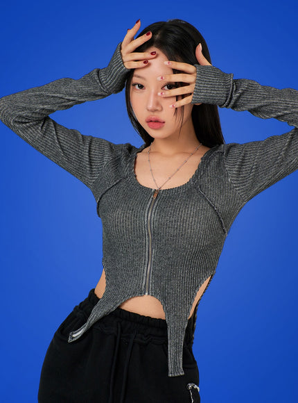 solid-wool-blend-zip-up-crop-top-ij302 / Gray