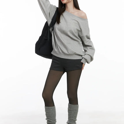 loose-fit-off-shoulder-fleece-lined-sweatshirt-cj507 / Gray