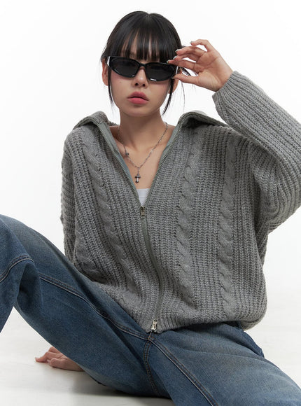 oversized-cable-knit-zip-up-sweater-os410 / Gray