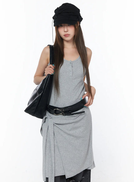 casual-sleeveless-wrap-midi-dress-set-cy529 / Gray