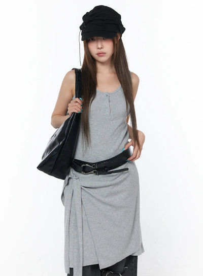 casual-sleeveless-wrap-midi-dress-set-cy529 / Gray
