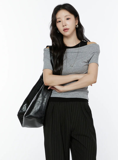 layered-tank-off-shoulder-tee-iy511 / Gray