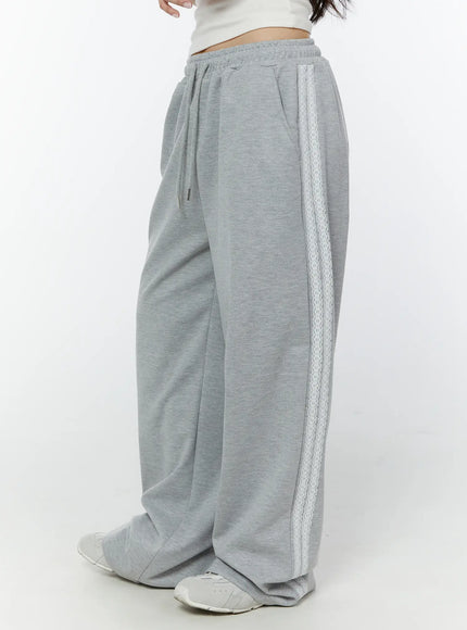 lace-accent-wide-leg-sweatpants-iy507 / Gray