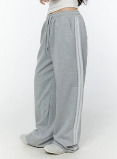 lace-accent-wide-leg-sweatpants-iy507 / Gray