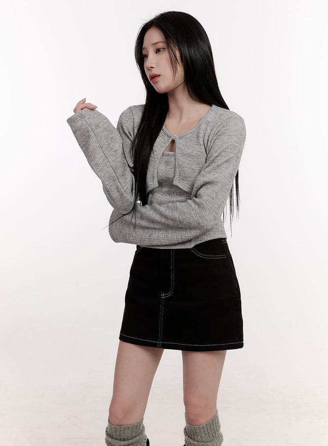 crop-cardigan-layered-top-set-cj529 / Gray