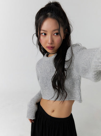 knit-long-sleeve-crop-top-cf405 / Gray