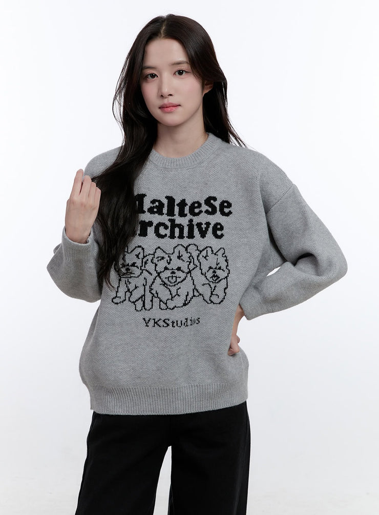 puppy-graphic-print-sweater-on418 / Gray