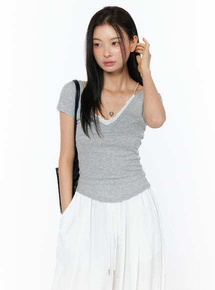lace-trim-layered-short-sleeve-tee-iu519 / Gray