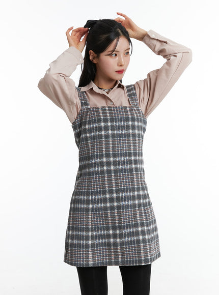 square-neck-check-mini-dress-on327 / Gray