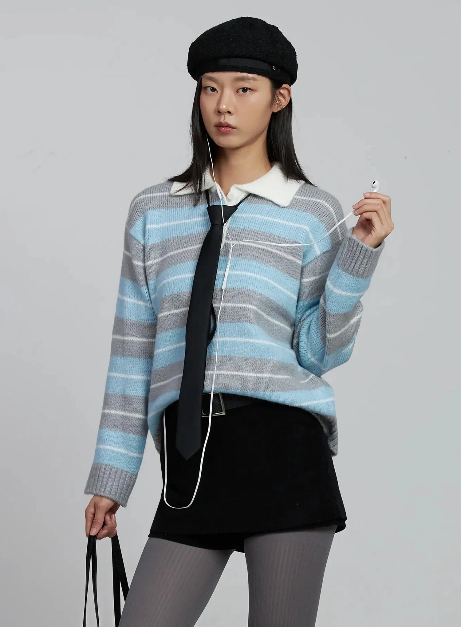 buttoned-collar-striped-knit-sweater-im520 / Gray