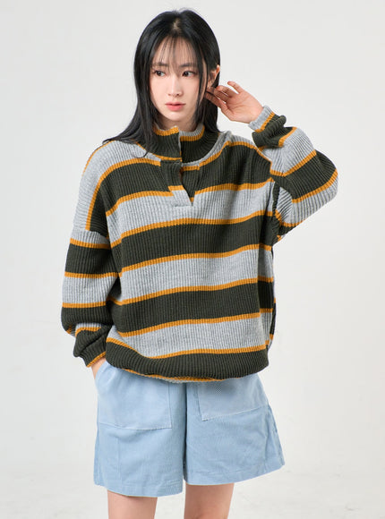 knit-high-neck-striped-button-long-sleeve-top-of405 / Gray