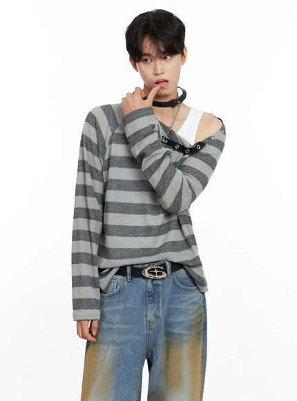 mens-striped-snap-button-long-sleeve-shirt-io516 / Gray