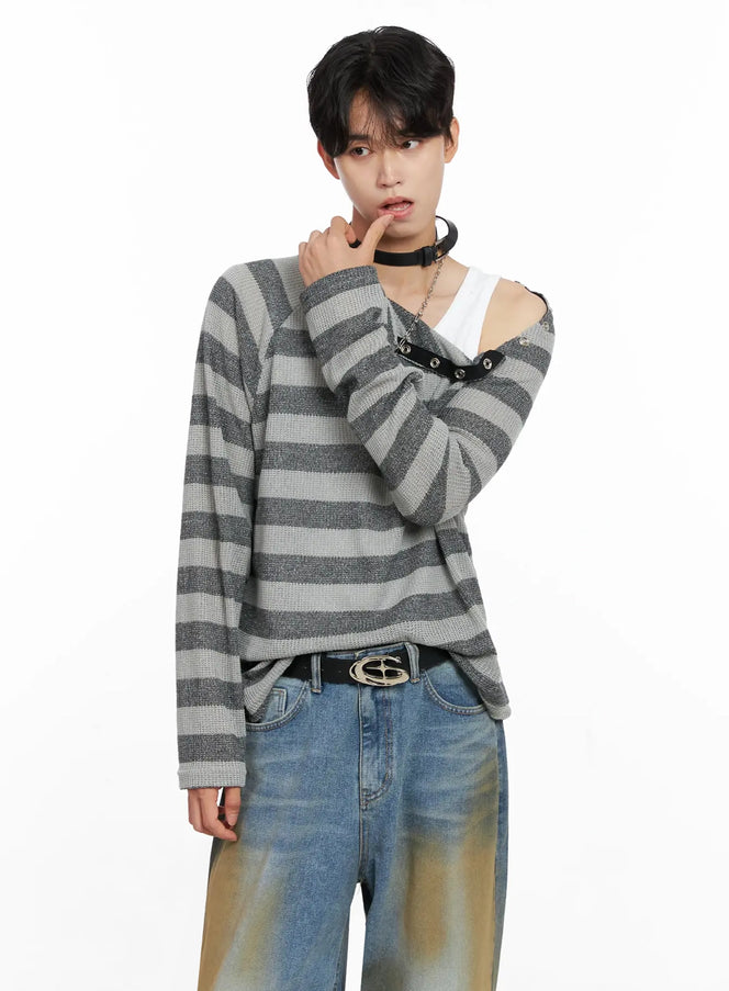 mens-striped-snap-button-long-sleeve-shirt-io516 / Gray