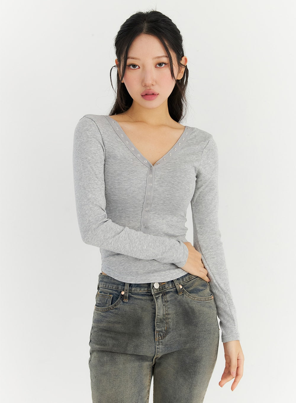 fleece-lined-buttoned-top-cn303 / Gray