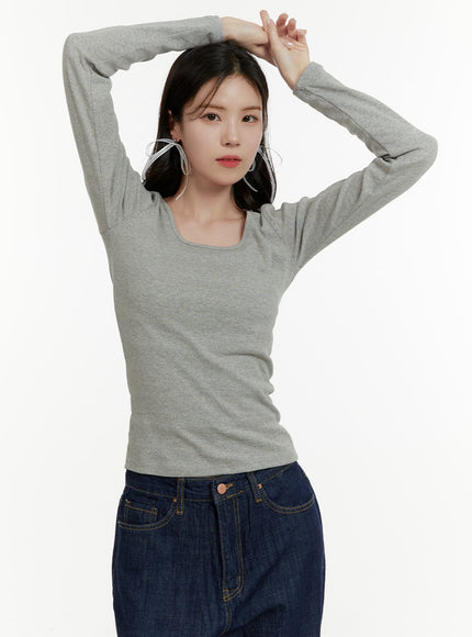 basic-cotton-u-neck-long-sleeve-tee-oa405 / Gray