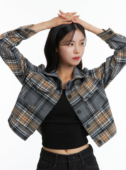 checkered-crop-button-jacket-od307 / Gray