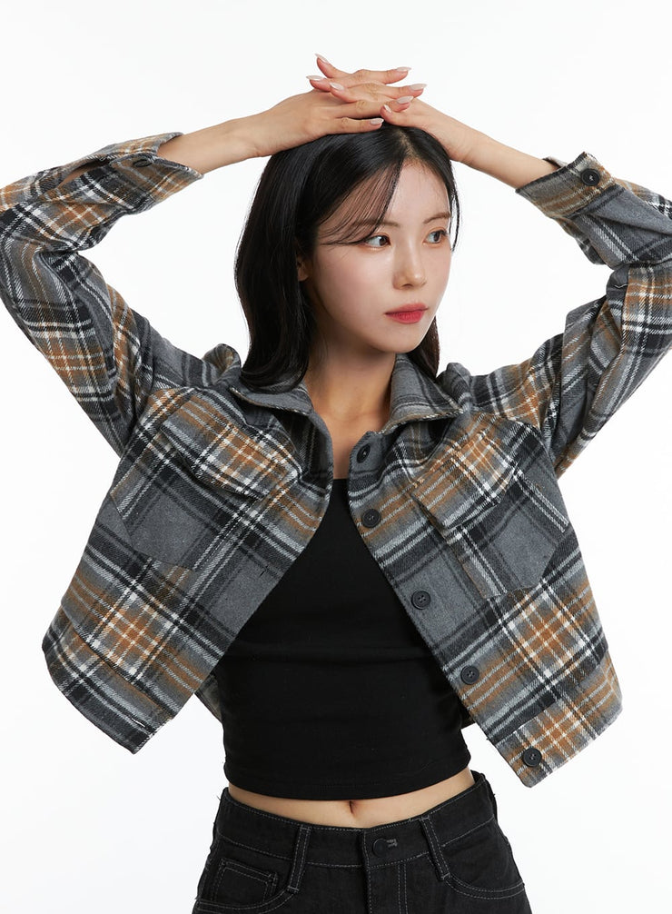 checkered-crop-button-jacket-od307 / Gray