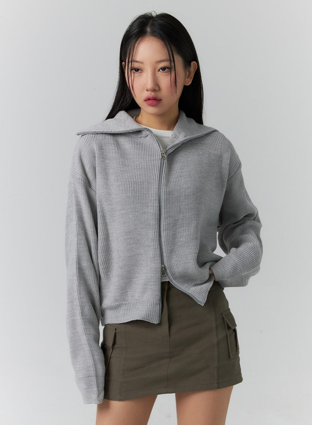 basic-two-way-zip-up-knit-sweater-cd304 / Gray