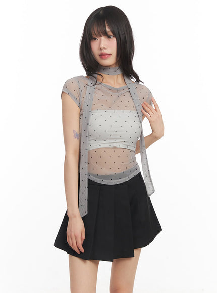 sheer-polkadot-crop-top-with-scarf-ca522 / Gray