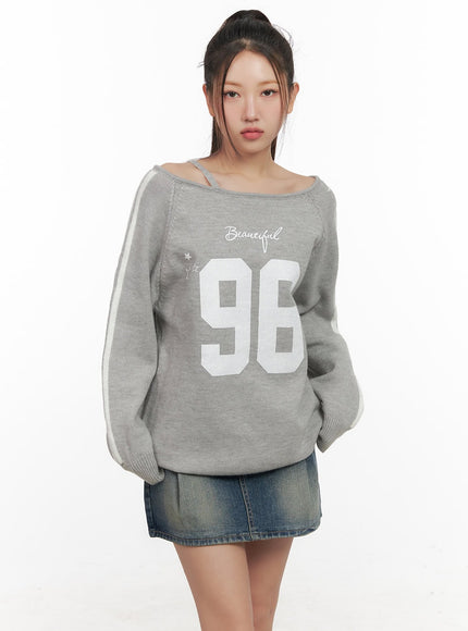 graphic-off-shoulder-crew-neck-cd416 / Gray