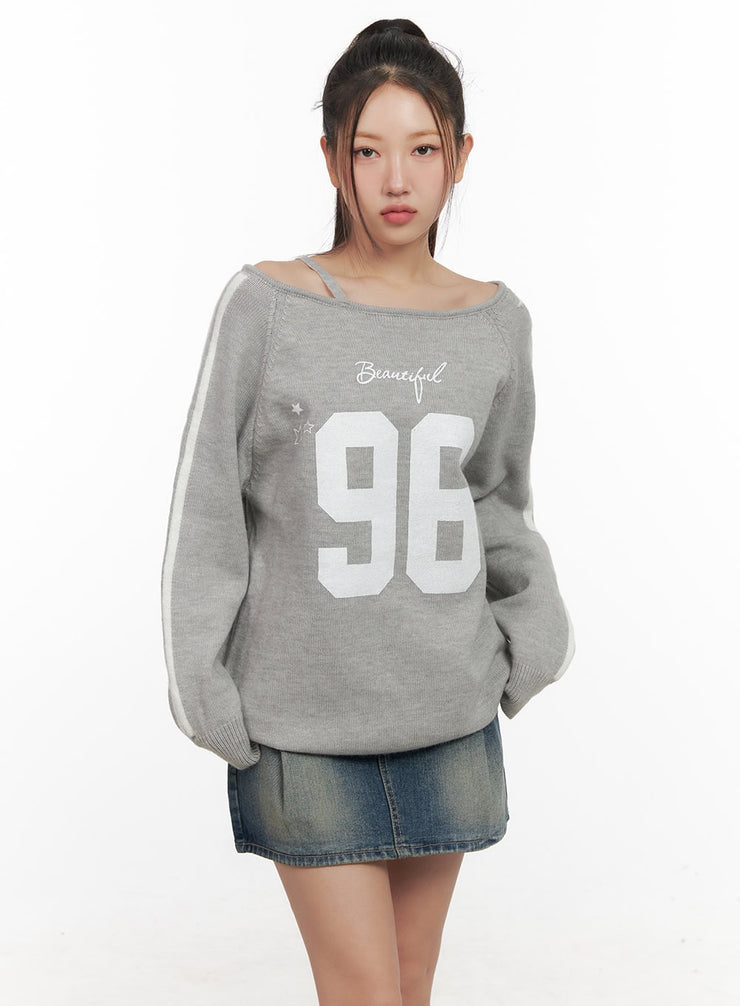 graphic-off-shoulder-crew-neck-cd416 / Gray