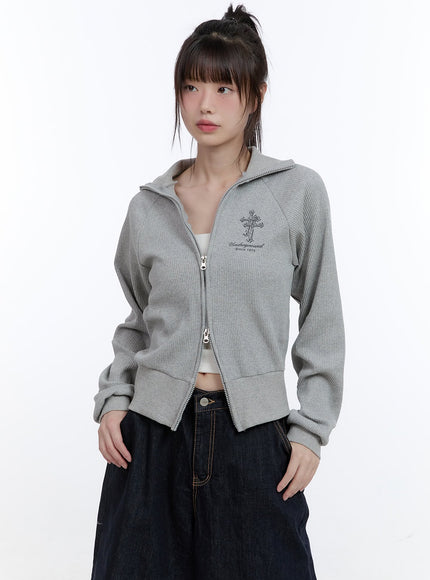 cotton-two-way-zip-up-graphic-sweat-hoodie-cg413 / Gray