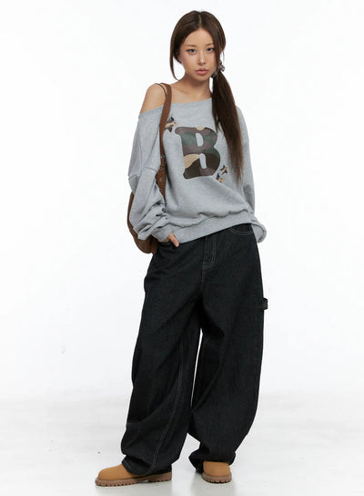 camo-logo-off-shoulder-sweatshirt-cs505 / Gray