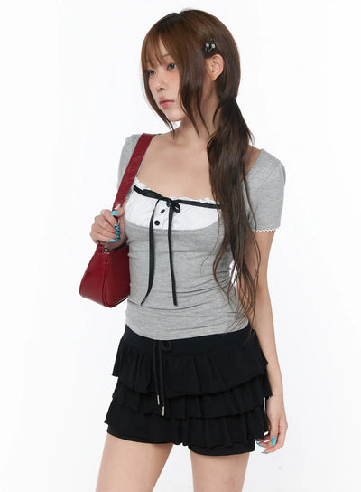 ruffled-lace-ribbon-short-sleeve-top-cy529 / Gray