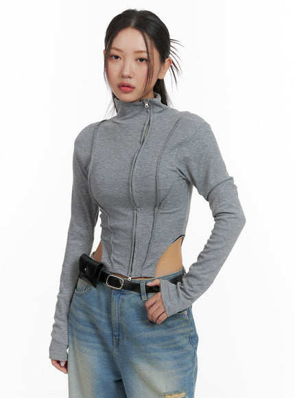 side-zip-up-turtle-neck-crop-top-ca416 / Gray