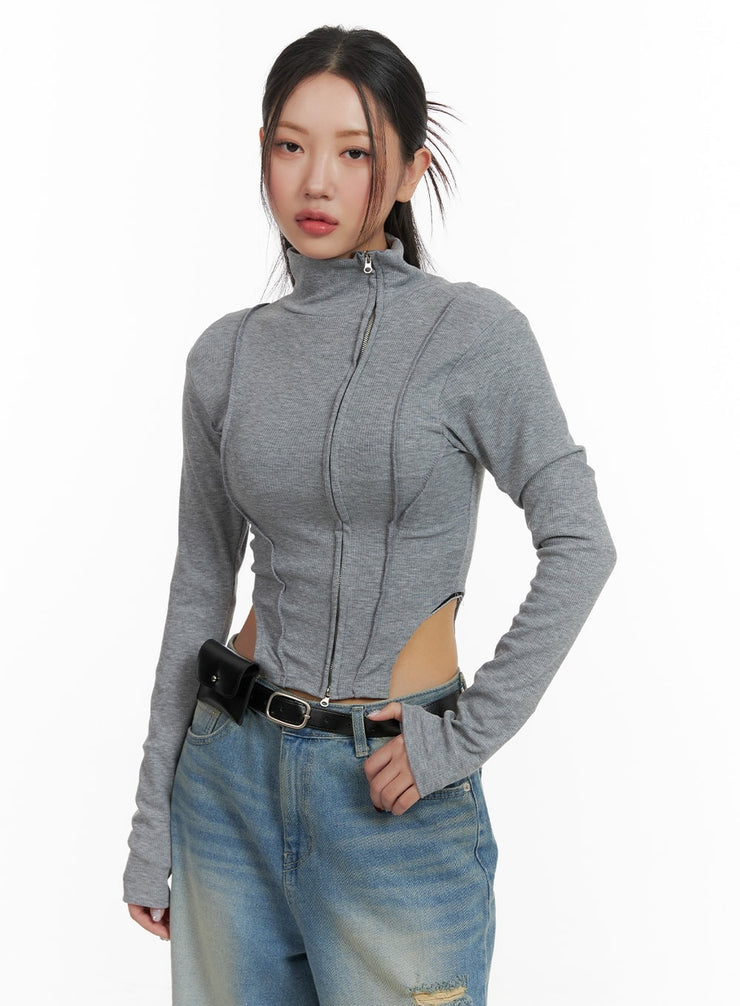 side-zip-up-turtle-neck-crop-top-ca416 / Gray