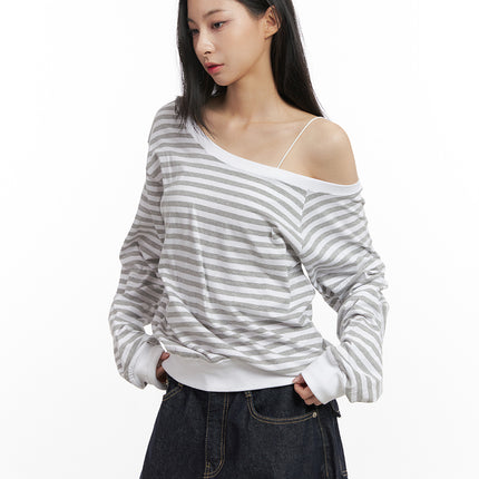 loose-fit-striped-drop-shoulder-top-cn426 / Gray