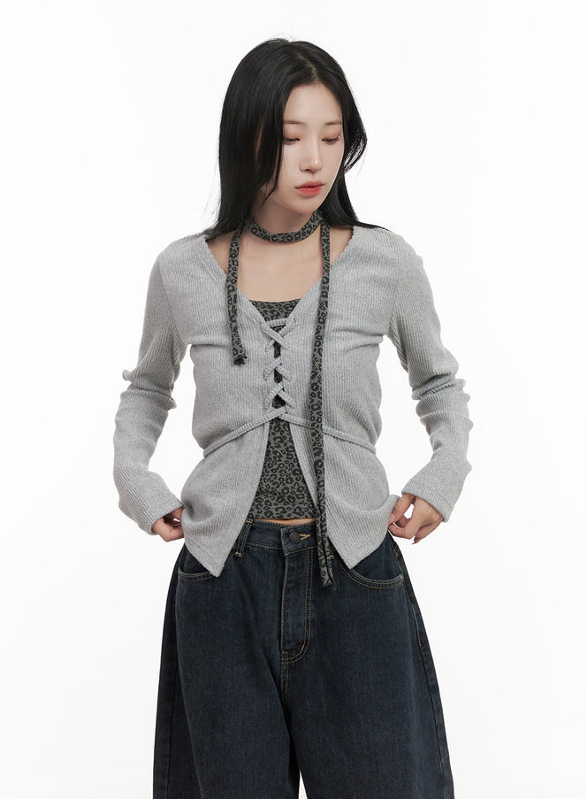 slim-fit-x-strap-v-neck-cardigan-cd404 / Gray