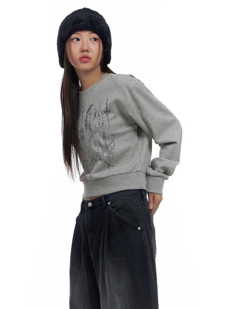 cotton-graphic-crop-sweatshirt-cs424 / Gray