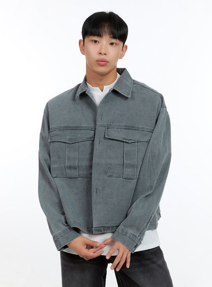 mens-washed-crop-pocketed-cotton-jacket-ig422 / Gray