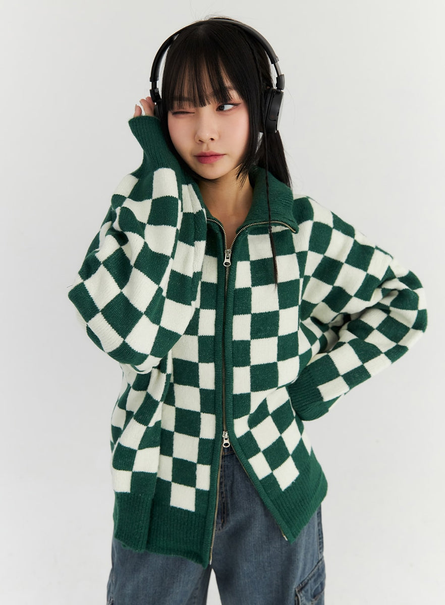 Oversized Check Zip-Up Knit Sweater CN307