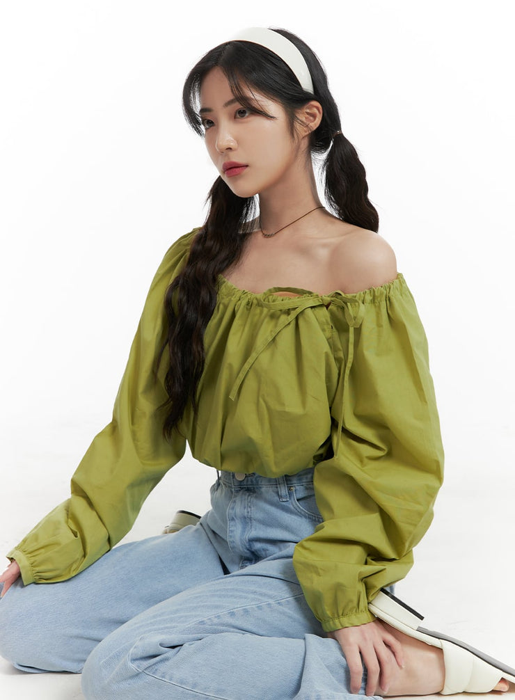 side-ribbon-off-shoulder-blouse-om425 / Green