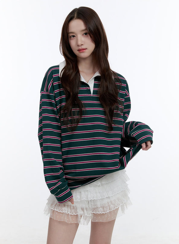 oversize-collared-stripe-long-sleeve-tee-oo407 / Green