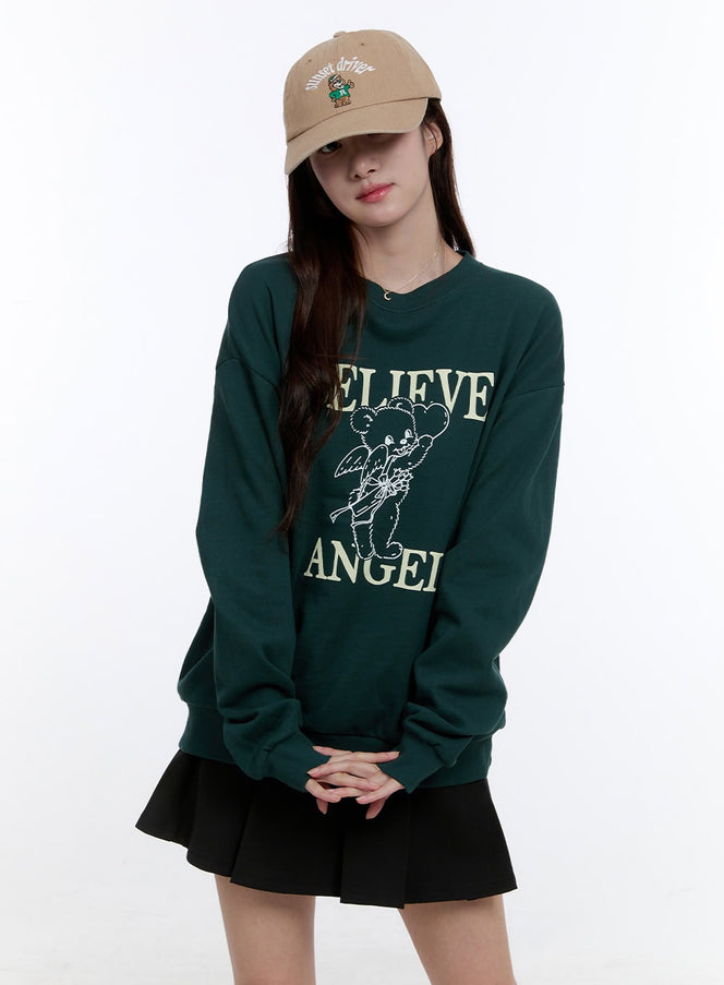 bear-print-crew-neck-sweatshirt-oo407 / Green