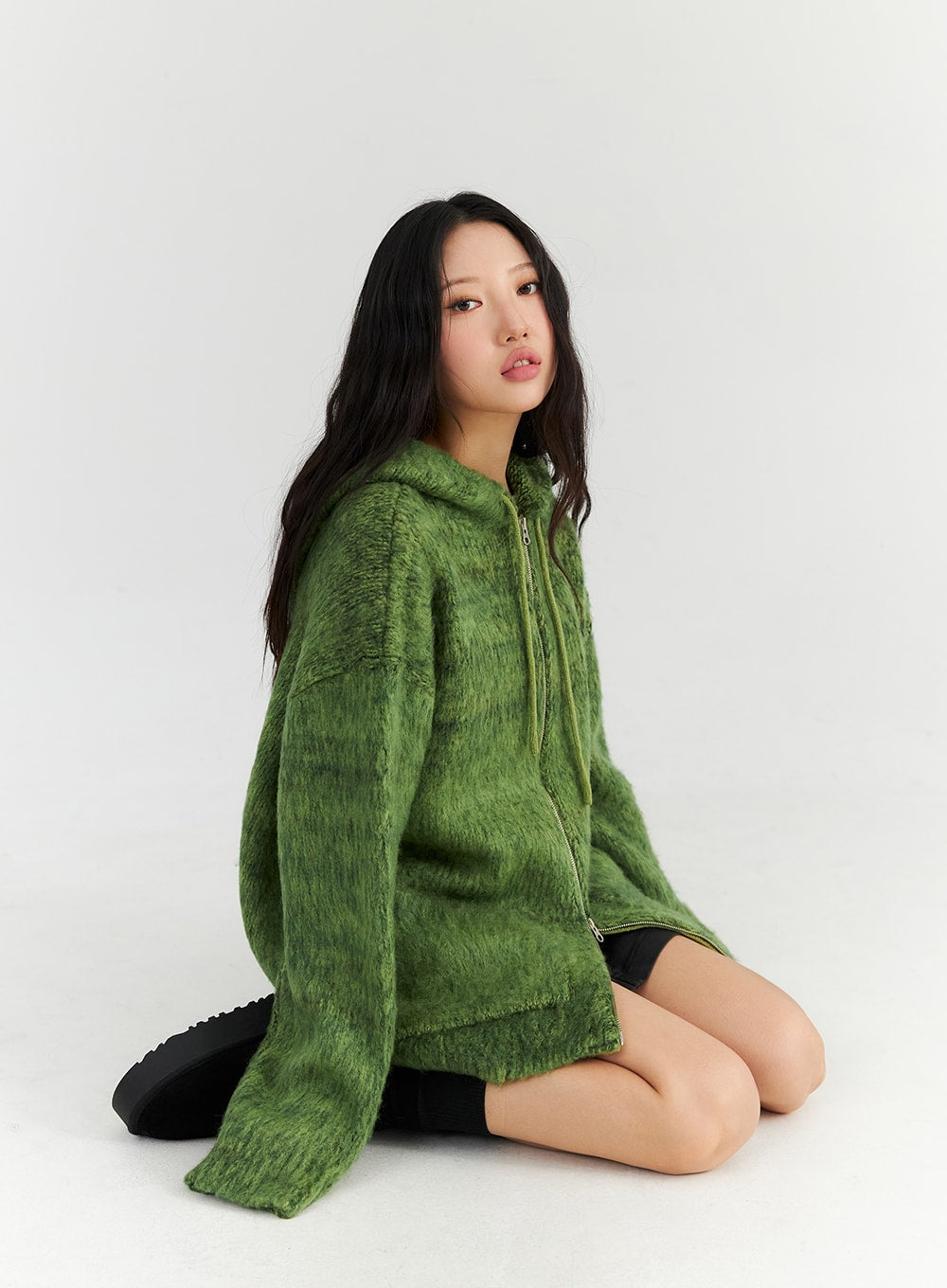 two-way-zip-up-knit-hoodie-jacket-cn303 / Green