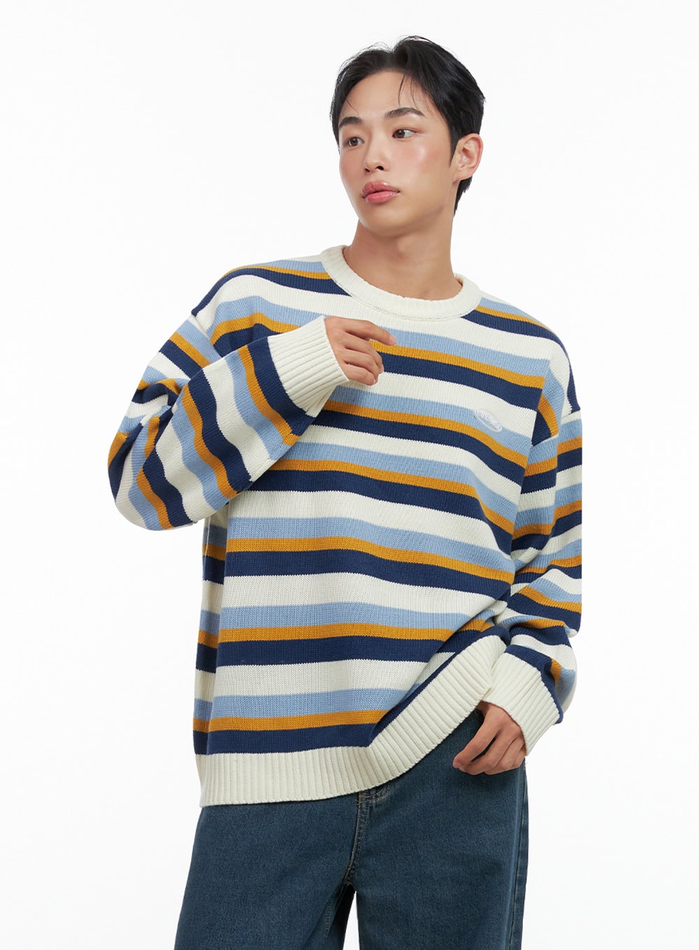 mens-striped-round-neck-sweater-in426 / Light beige