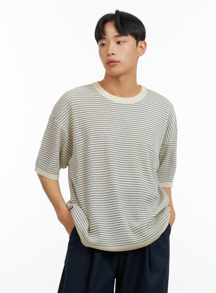 mens-stripe-round-neck-t-shirt-iu414 / Light beige