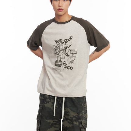 mens-disco-graphic-raglan-t-shirt-iy508 / Light beige