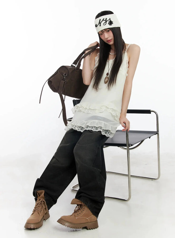lace-frill-long-tank-top-im530 / Light beige
