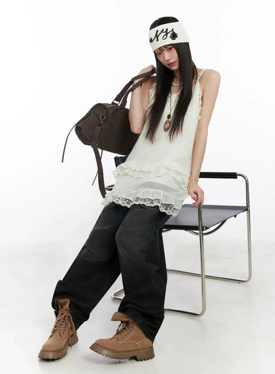 lace-frill-long-tank-top-im530 / Light beige