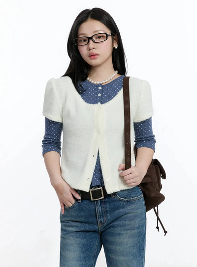 textured-knit-shoulder-puff-short-sleevecardigan-im513 / Light beige