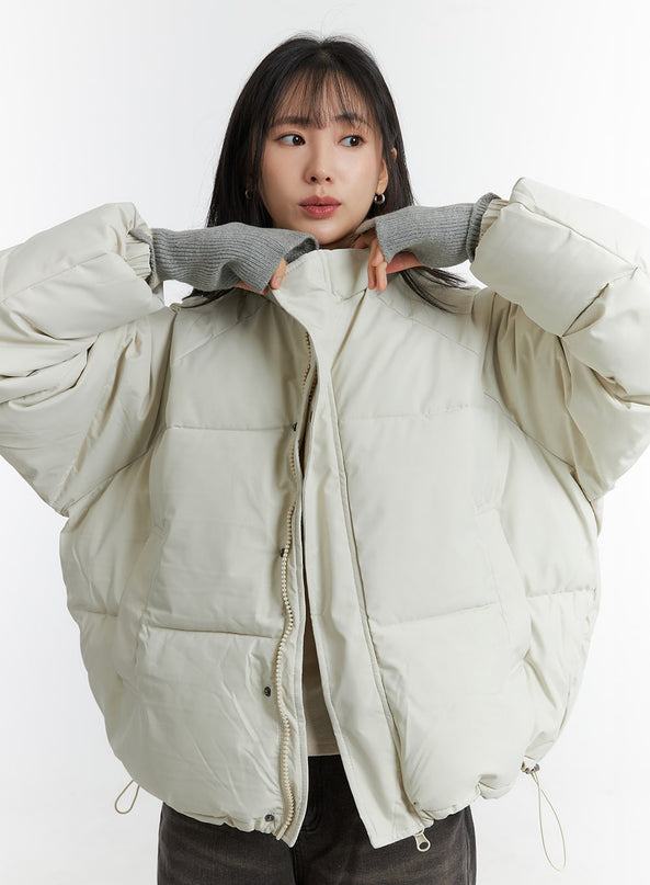 solid-zip-up-stand-collar-puffer-jacket-od315 / Light beige