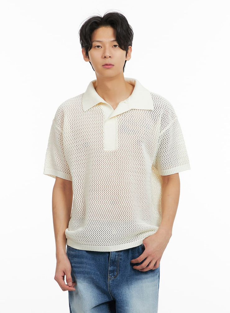 mens-mesh-knit-collared-top-ia402 / Light beige