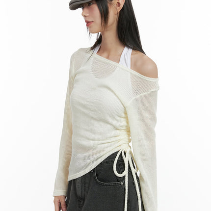 shirred-see-through-one-shoulder-top-cg426 / Light beige