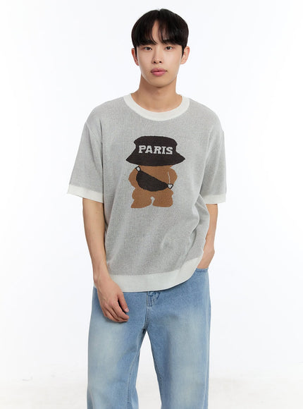 men-s-teddy-graphic-knit-t-shirt-iy530 / Light beige